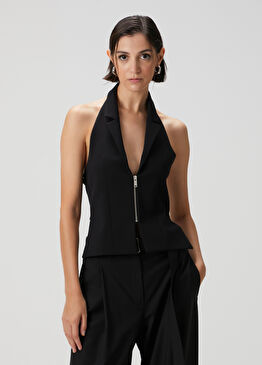 Siyah Halter Yaka Fermuarlı Yelek Bluz