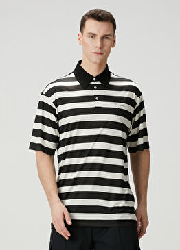 Siyah Beyaz Polo Yaka Çizgili Kısa Kollu Triko
