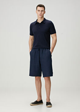 Lacivert Beli Kordonlu Keten Bermuda