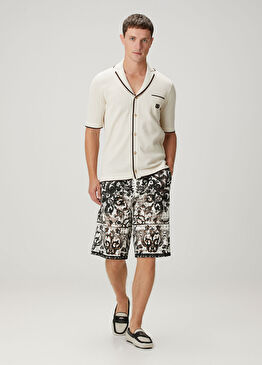 Siyah Beli Kordonlu Etnik Desenli Bermuda