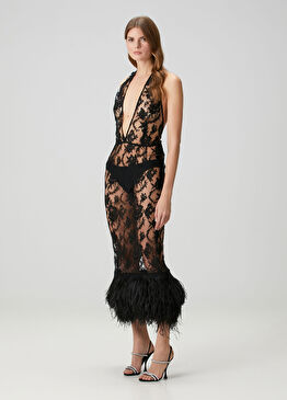 Siyah Midi Dantel Kokteyl Elbise