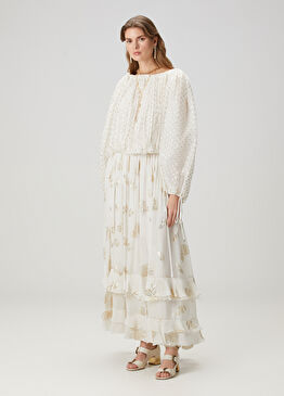 Krem Çiçekli Maksi İpek Etek