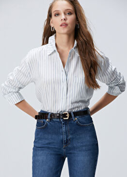 Kırık Beyaz Çizgi Desemli Geniş Kalıp Tencel Gömle