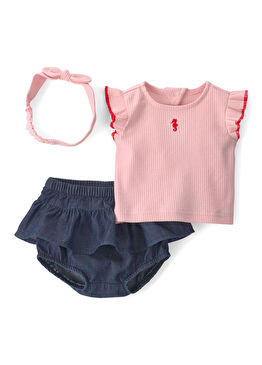 Pembe Kısa Kollu T-shirt Şort ve Bandana Kız Bebek 3'lü Set