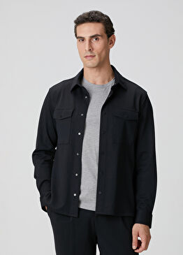 Siyah Diyagonal Desenli Dış Gömlek