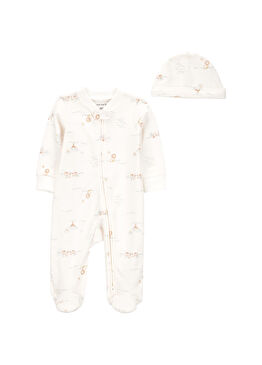 Ekru Uzun Kollu Tulum ve Şapka Erkek Bebek 2'li Set