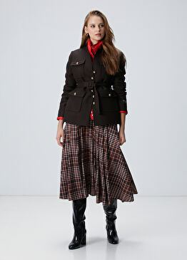 Camel Ekose desenli Piliseli Midi Tafta Etek