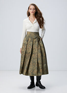 Haki N-Tech Fermuarlı Midi Etek