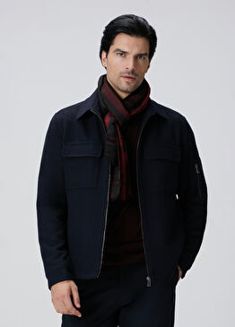 Lacivert Diyagonal Yün Karışımlı Dış Gömlek