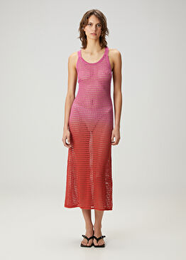 Pembe Degrade Renkli Keten Plaj Elbisesi