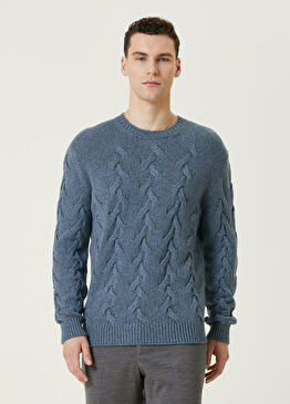 Açık Mavi Saç Örgü Dokulu Yün Kazak