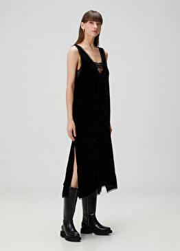 Renzo Siyah Midi Kadife Elbise