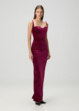 Mürdüm Maksi Kadife Abiye Elbise