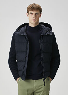 Lacivert Kapüşonlu Garni Detaylı Yün Mont