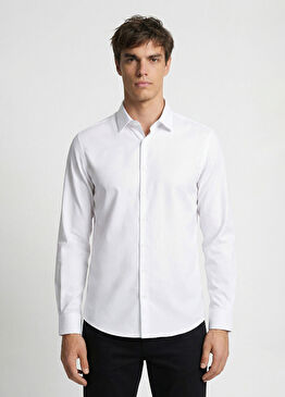 Slim Fit Beyaz Lycralı Cotton Petek Desen Gömlek