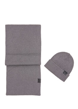 Gri Logo Detaylı Recycled Unisex Atkı Bere Seti