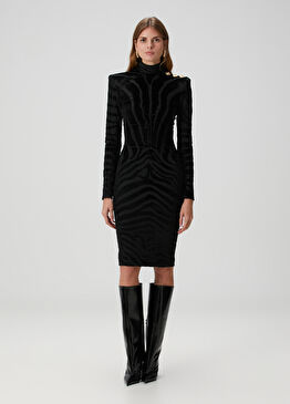 Siyah Zebra Desenli Midi Elbise