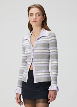 Gri Lila Çizgili Hırka