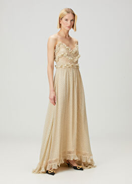 Krem Puantiyeli Maksi İpek Abiye Elbise