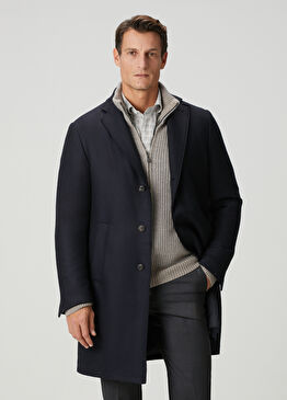 Lacivert Balıksırtı Desen Jakarlı Yün Palto