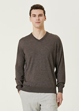 Açık Kahverengi V Yaka Kaşmir Kazak