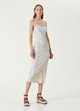 Mavi Desenli Midi Elbise