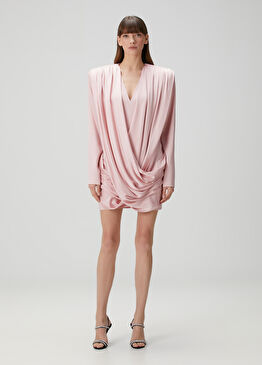 Pembe Drapeli Mini Kokteyl Elbise