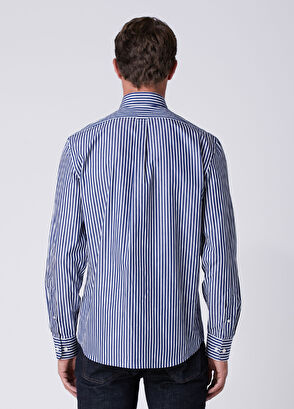 Beymen Club Comfort Fit Navy Blue White Striped Poplin Shirt - 5