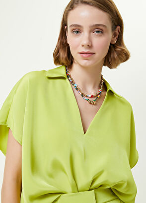 Beymen Club Neon Yeşil Polo Yaka Saten Bluz - 4