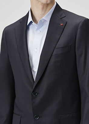 Koyu Lacivert Çizgi Desenli Yün Takım Elbise - Görsel 7