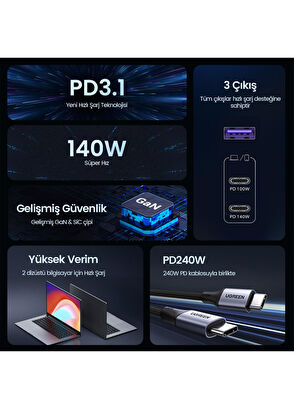 Ugreen Nexode GaN 3 Portlu 2xUSB-C, 1xUSB-A QC 4.0 PD 3.1 Uzay Grisi 140W Hızlı Şarj Cihazı - 6