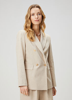 Beymen Club Beige Double-Breasted Linen Blazer - 5