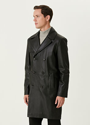 Beymen Club Black Double-Breasted Leather Overcoat - 5