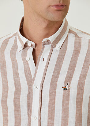 Beymen Club Comfort Fit Bej Dikey Çizgi Desenli Keten Gömlek - 6