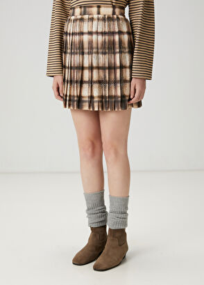 Beymen Club Koyu Bej Desenli Pileli Mini Etek - 3