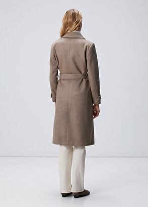 Vizon Diyagonal Desen Kuşaklı Uzun Palto - Görsel 6