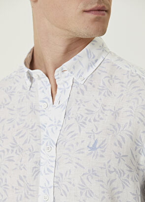 Beymen Club Comfort Fit Blue White Leaf Patterned Linen Shirt - 6