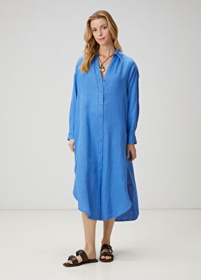 Beymen Club Blue Midi Linen Shirt Dress - 5