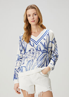 Beymen Club Blue White Patterned Silk Sweater - 3
