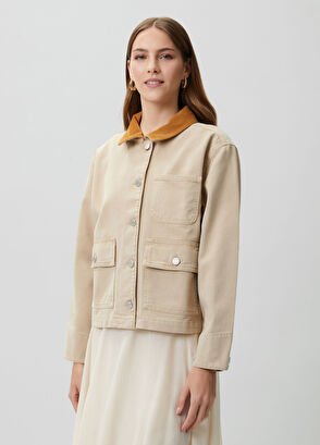 Beymen Club Beige Velvet Collar Denim Jacket - 6
