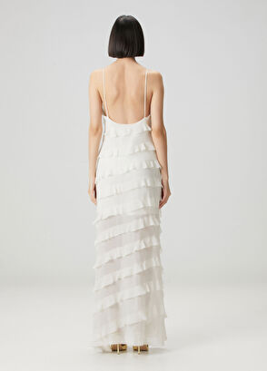 Kırık Beyaz Fırfır Detaylı Maksi Abiye Elbise - Görsel 9