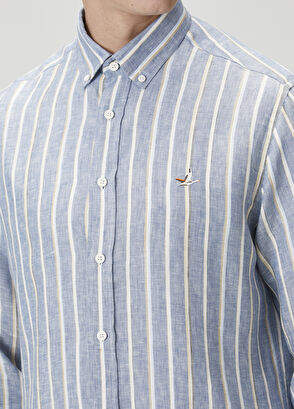Beymen Club Comfort Fit Blue Stripe Patterned Linen Shirt - 7