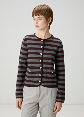 Beymen Club Grey Burgundy Striped Knit Jacket - 4