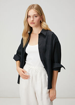 Beymen Club Oversize Siyah Keten Gömlek - 4