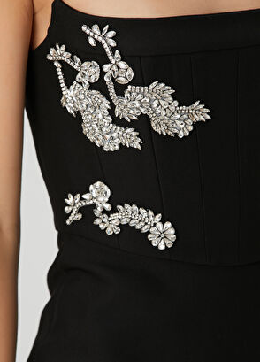 Siyah İşlemeli Midi Kokteyl Elbise - Görsel 8