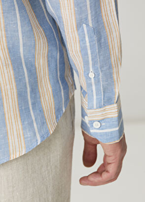 Beymen Club Comfort Fit Blue Stripe Patterned Linen Shirt - 8