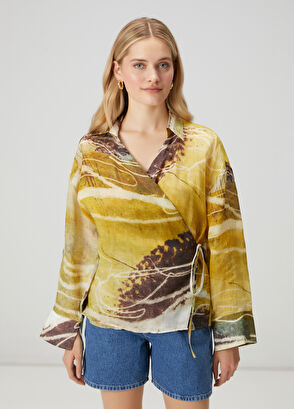 Beymen Club Sarı Desenli Kruvaze Keten Gömlek - 4