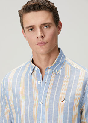 Beymen Club Comfort Fit Blue Stripe Patterned Linen Shirt - 7