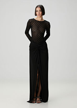 Siyah Flok Detaylı Maksi Abiye Elbise - Görsel 5