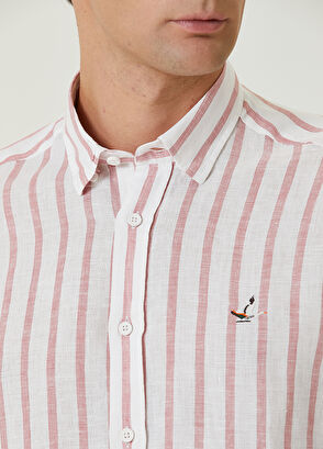 Beymen Club Slim Fit Dark Pink Thick Striped Linen Shirt - 6
